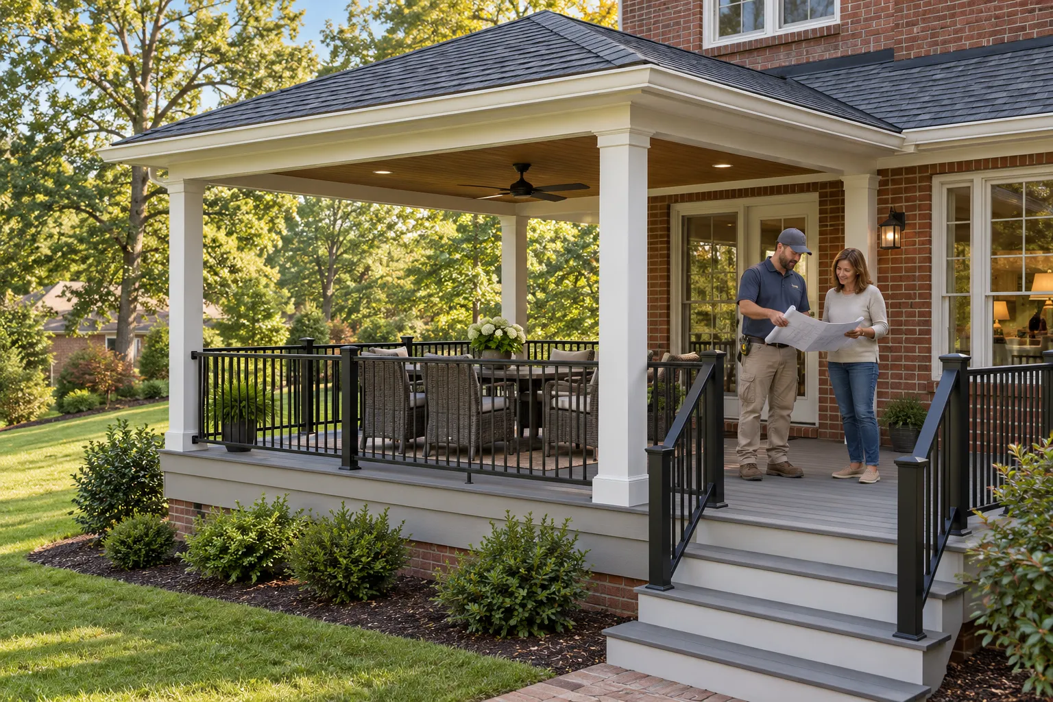Illustrative planning scene beneath the solid roof of an open-sided deck