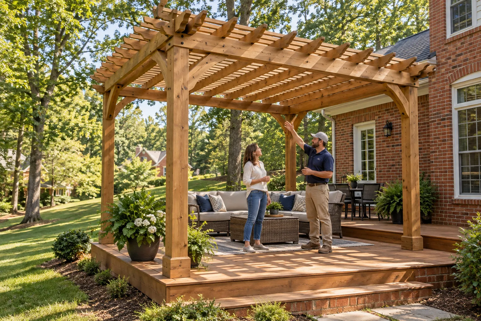 Illustrative installer and homeowner discussing a timber pergola over a deck