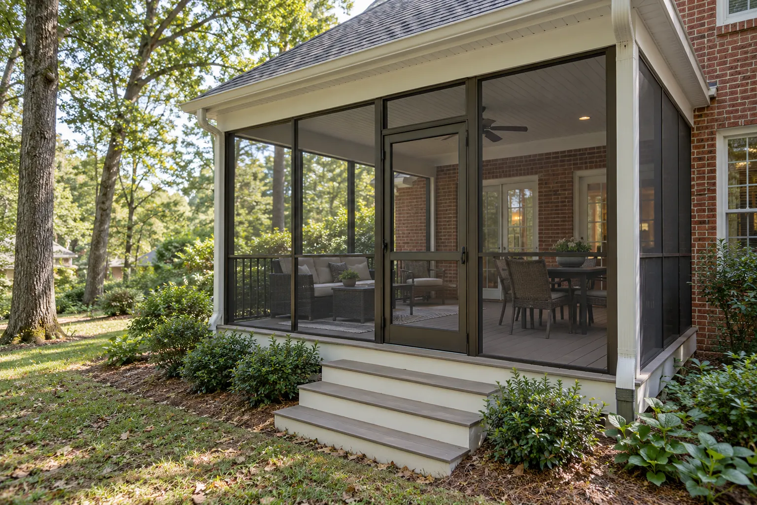 Illustrative screened porch with a solid roof, mesh enclosure and stairs beside a brick home