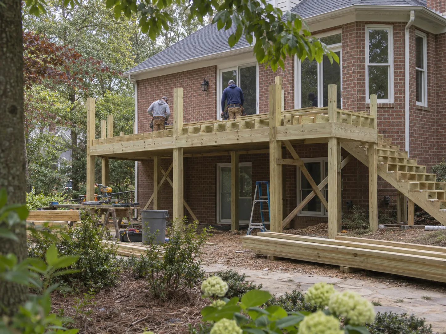 Conceptual deck rebuilding scene with new framing behind a brick home