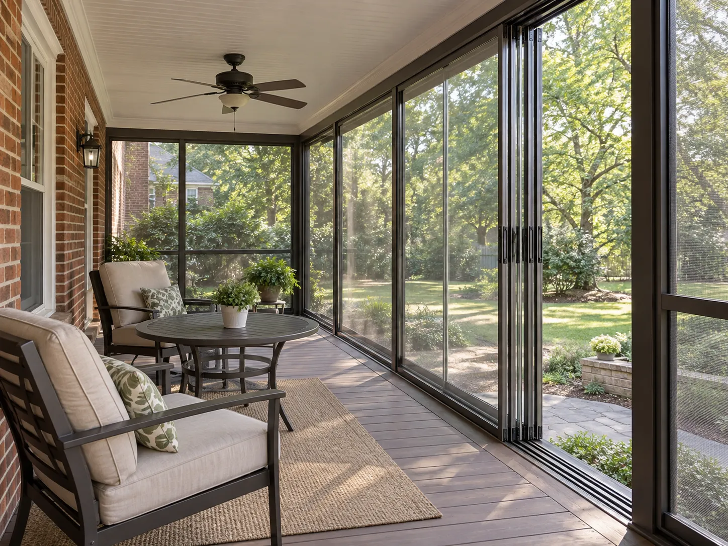 Conceptual porch with operable seasonal panels beside a brick home